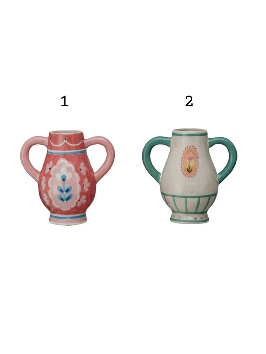 Hand-Painted Stoneware Vase w/ Flower & Handles