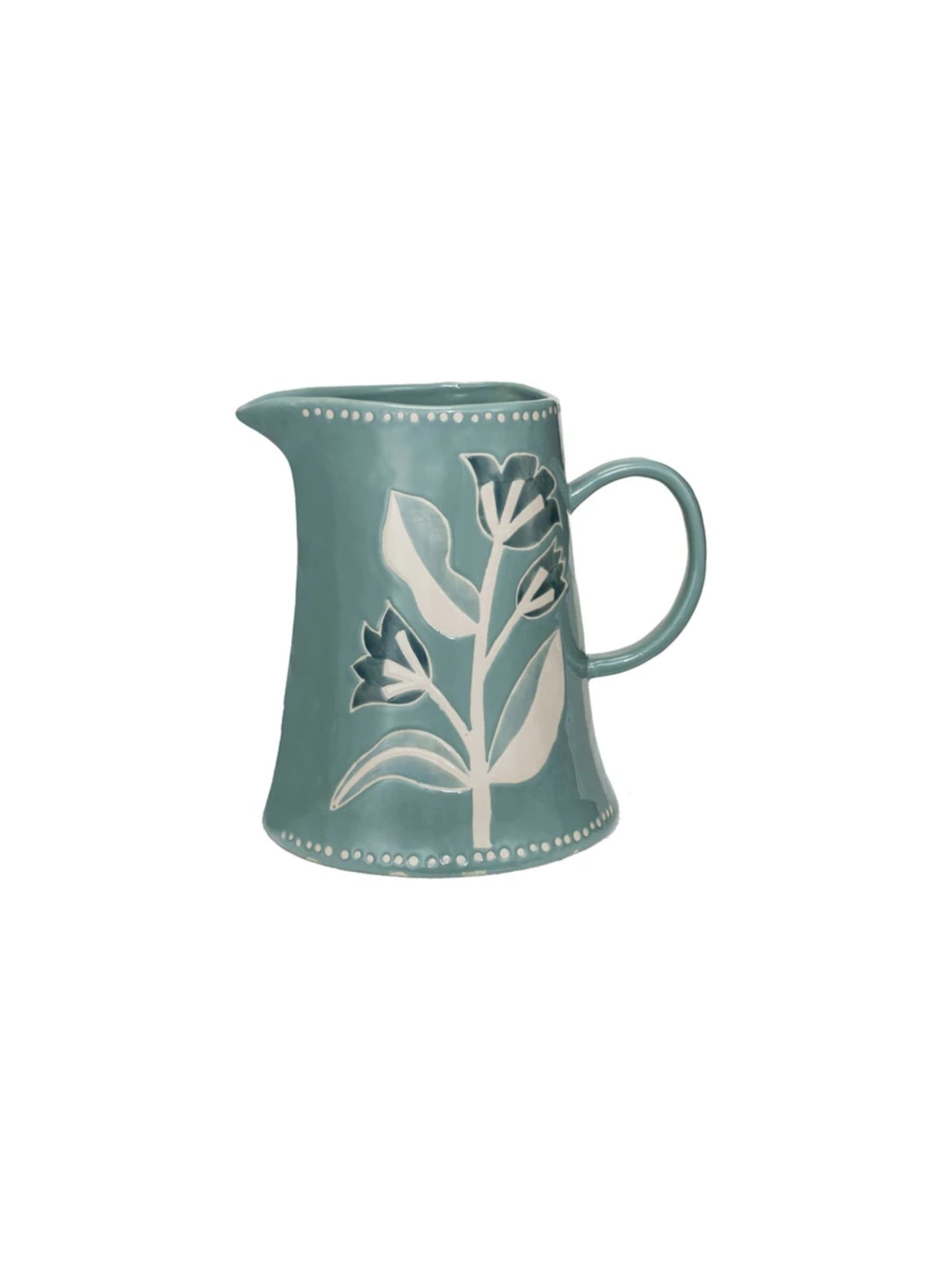 2 Quart Hand-Painted Stoneware Pitcher w/ Wax Relief Flowers -Pick Up Only