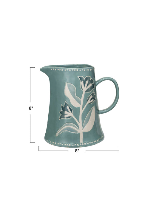 2 Quart Hand-Painted Stoneware Pitcher w/ Wax Relief Flowers -Pick Up Only