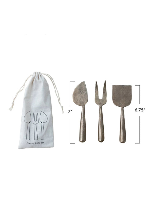Hand-Forged Metal Cheese Servers, Set of 3 in Drawstring Bag