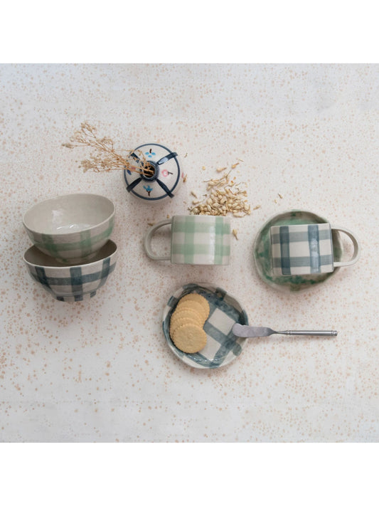 12 oz. Hand-Painted Stoneware Mug w/ Grid Pattern