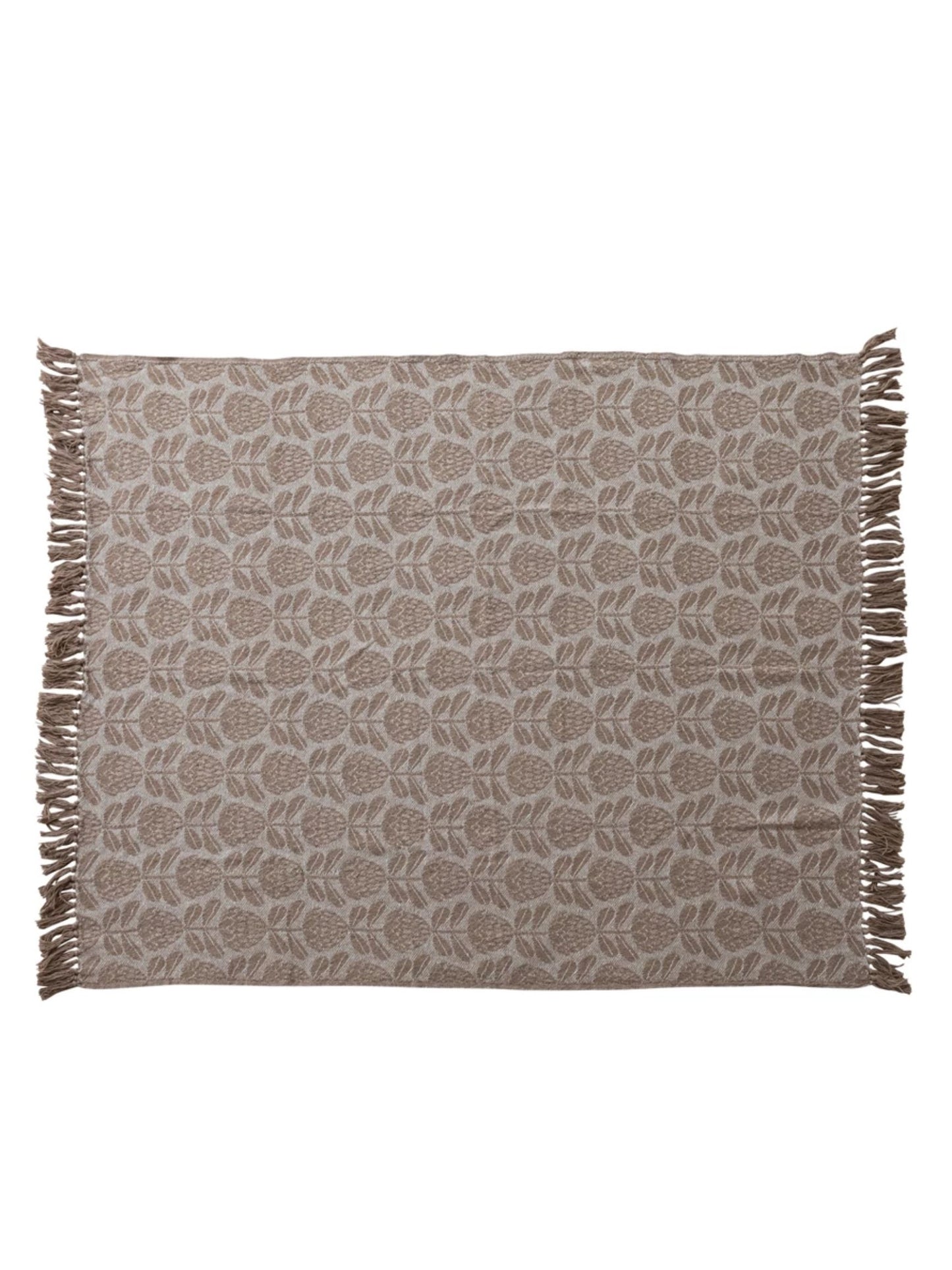 Woven Recycled Cotton Blend Jacquard Throw with Floral Pattern & Fringe