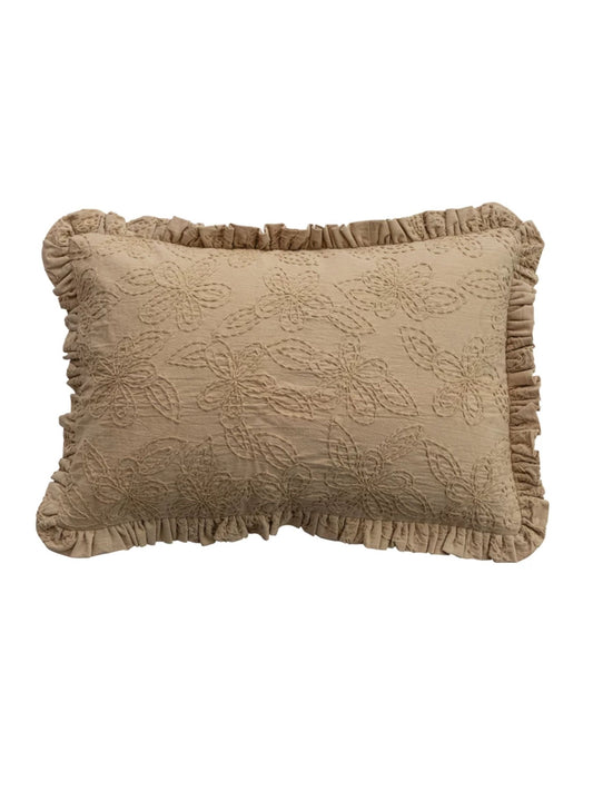 Woven Cotton Lumbar Pillow with Hand-Embroidered Kantha Stitch Flowers & Ruffle