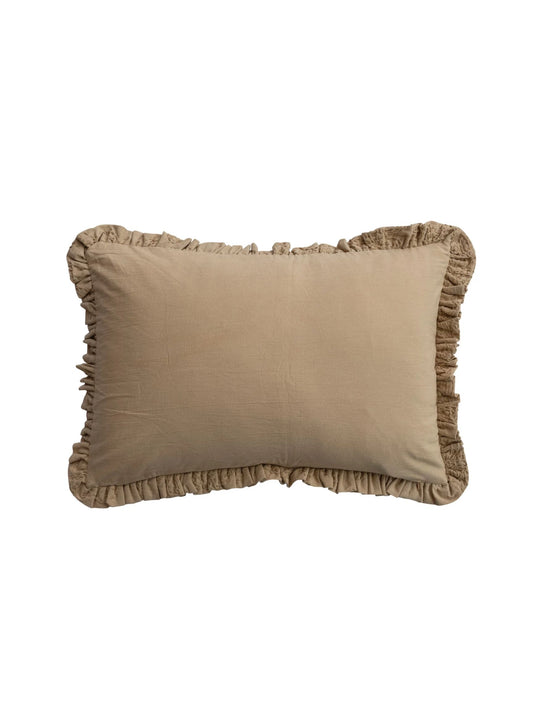 Woven Cotton Lumbar Pillow with Hand-Embroidered Kantha Stitch Flowers & Ruffle