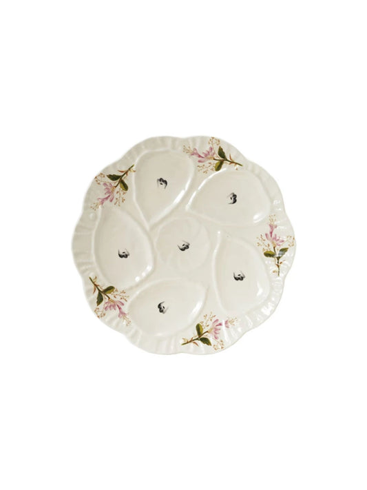 Stoneware Vintage Reproduction Scalloped Oyster Plate w/ Flowers