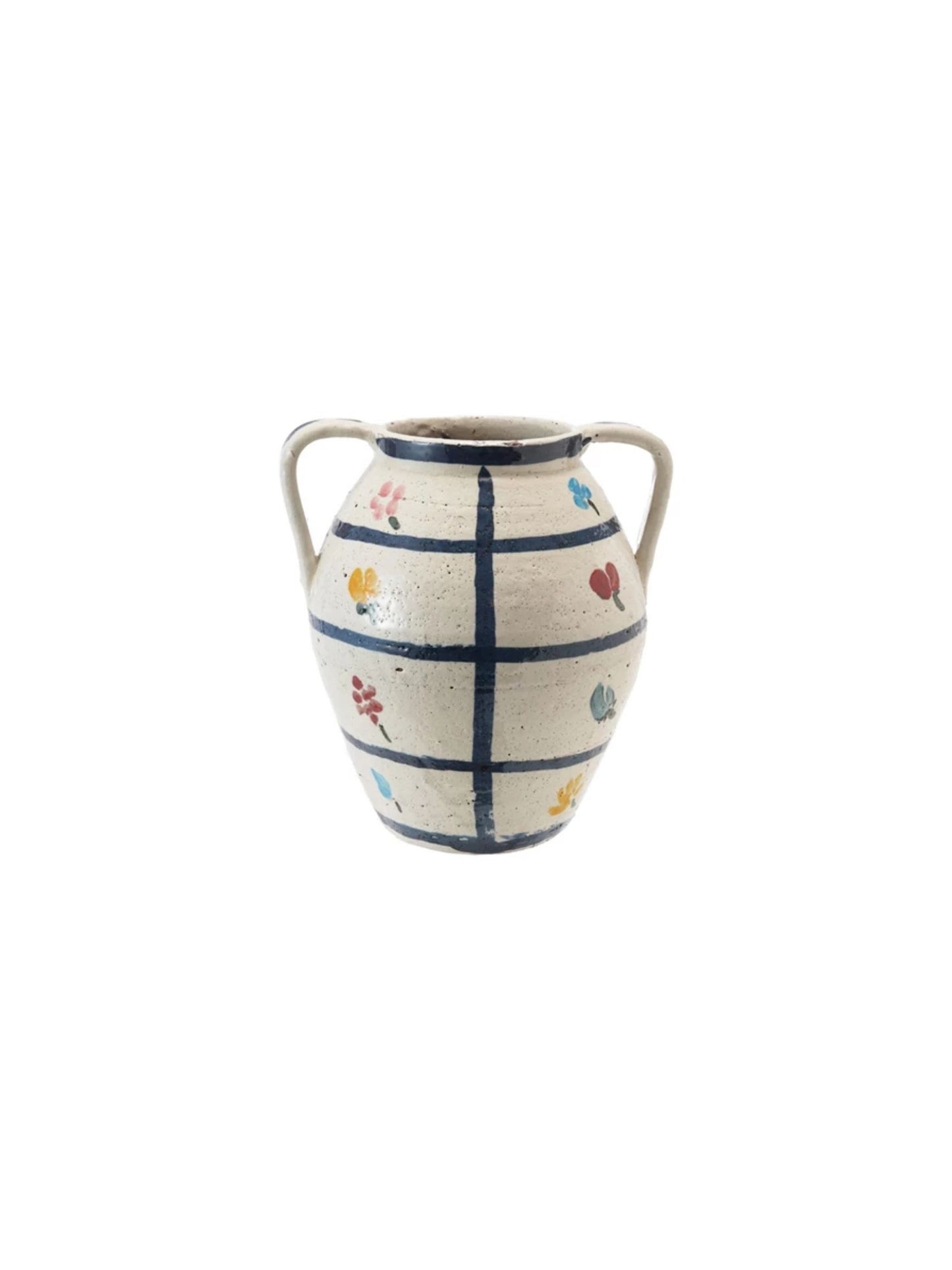 Hand-Painted Terra-cotta Urn w/ Flowers & Grid Pattern - Pick Up Only