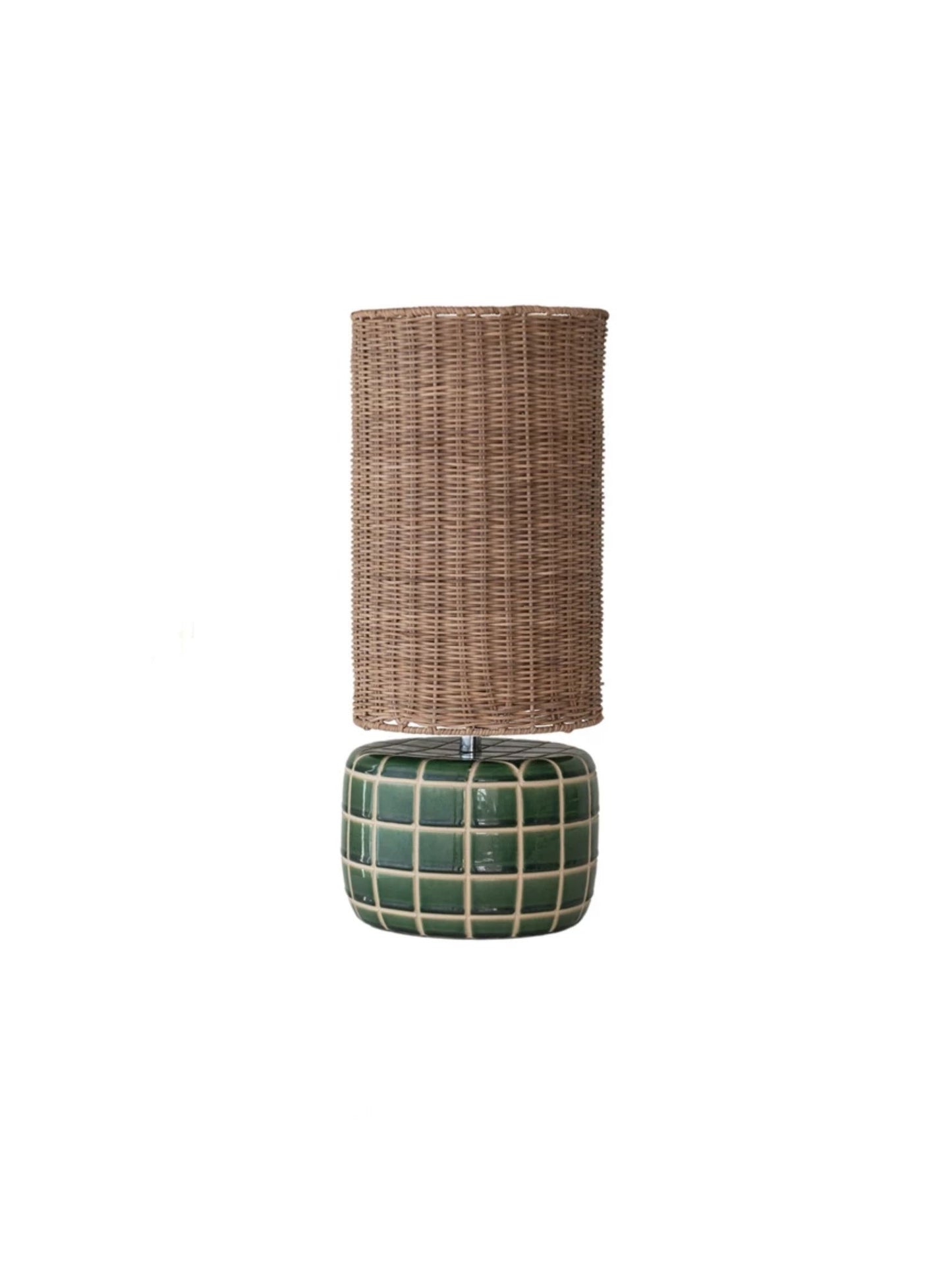 Ceramic Tiled Table Lamp with Hand-Woven Rattan Shade - Pick Up Only