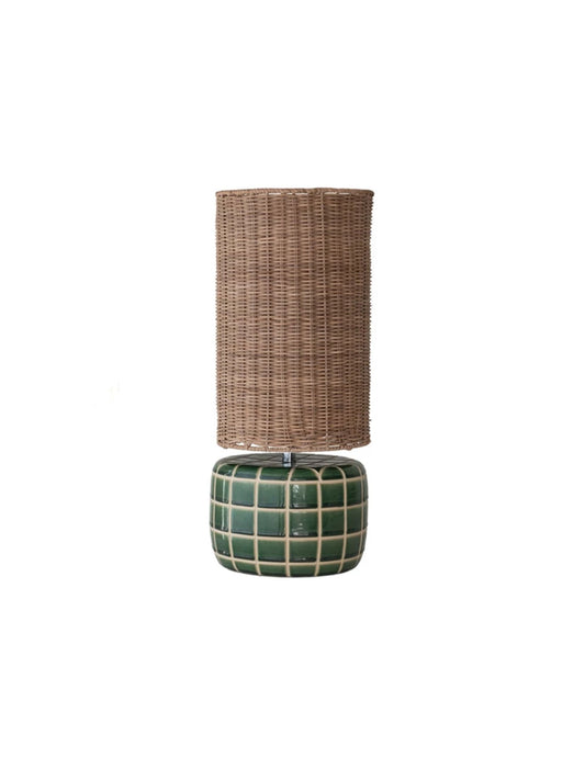 Ceramic Tiled Table Lamp with Hand-Woven Rattan Shade - Pick Up Only