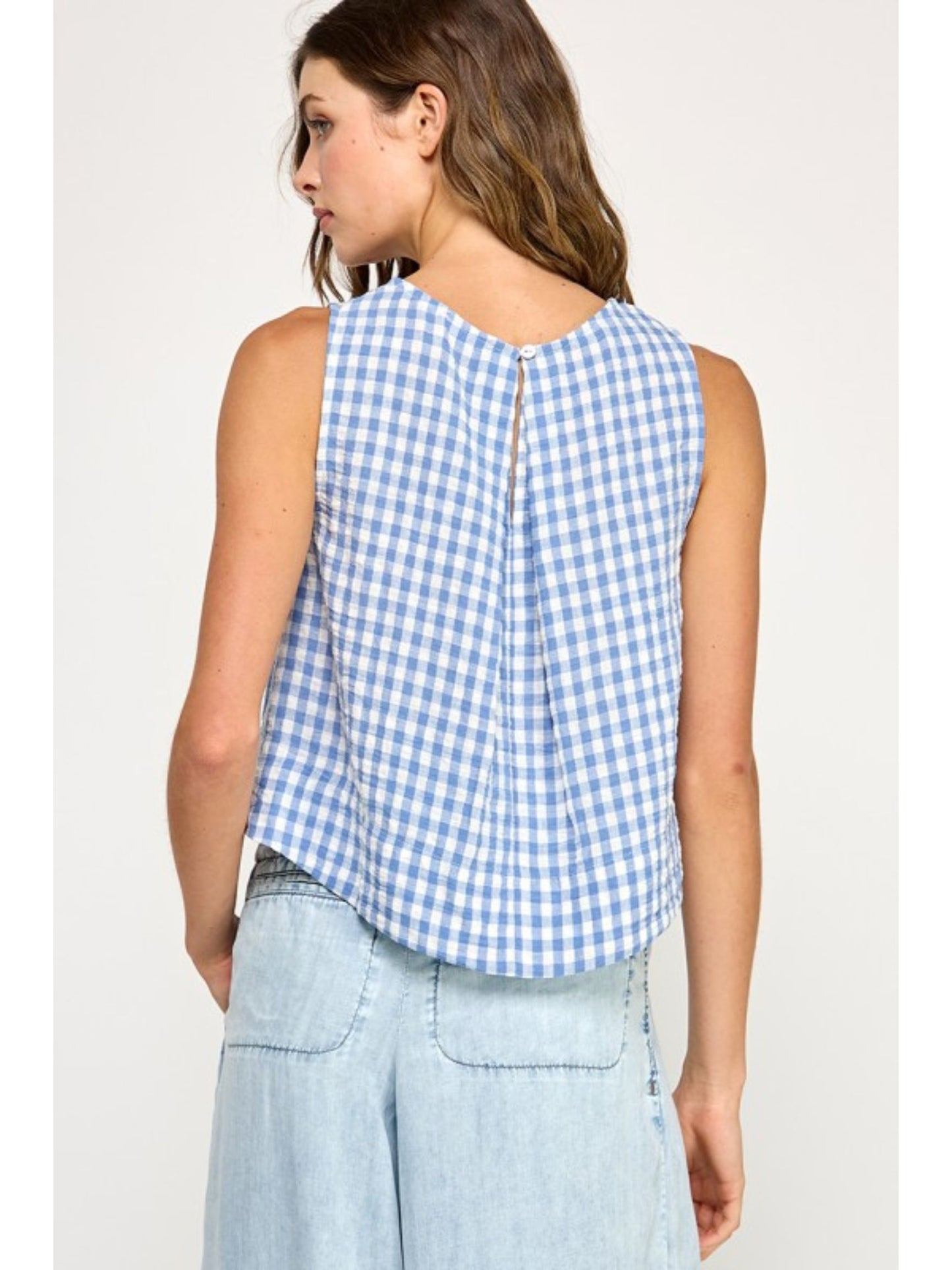 Gingham Linen Scoop Neck Tank