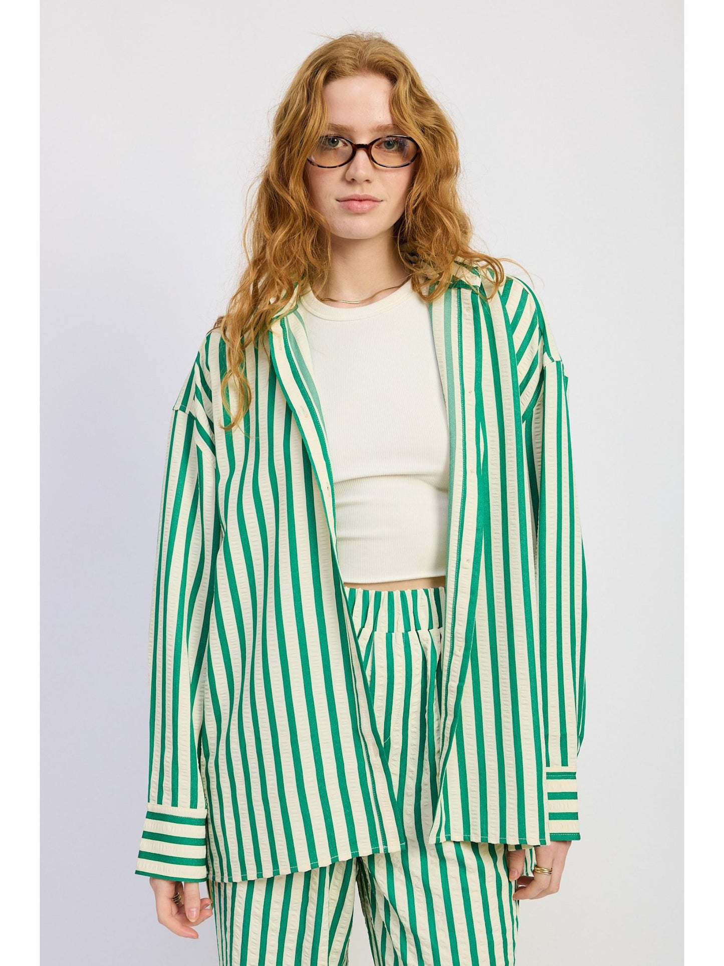 Green Oversized Striped Button Down