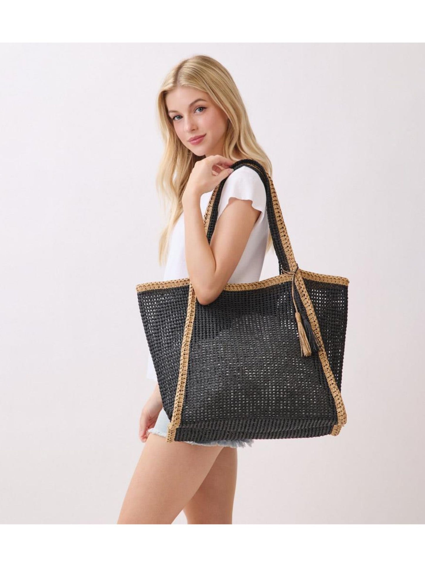 Two Tone Woven Straw Tote Bag