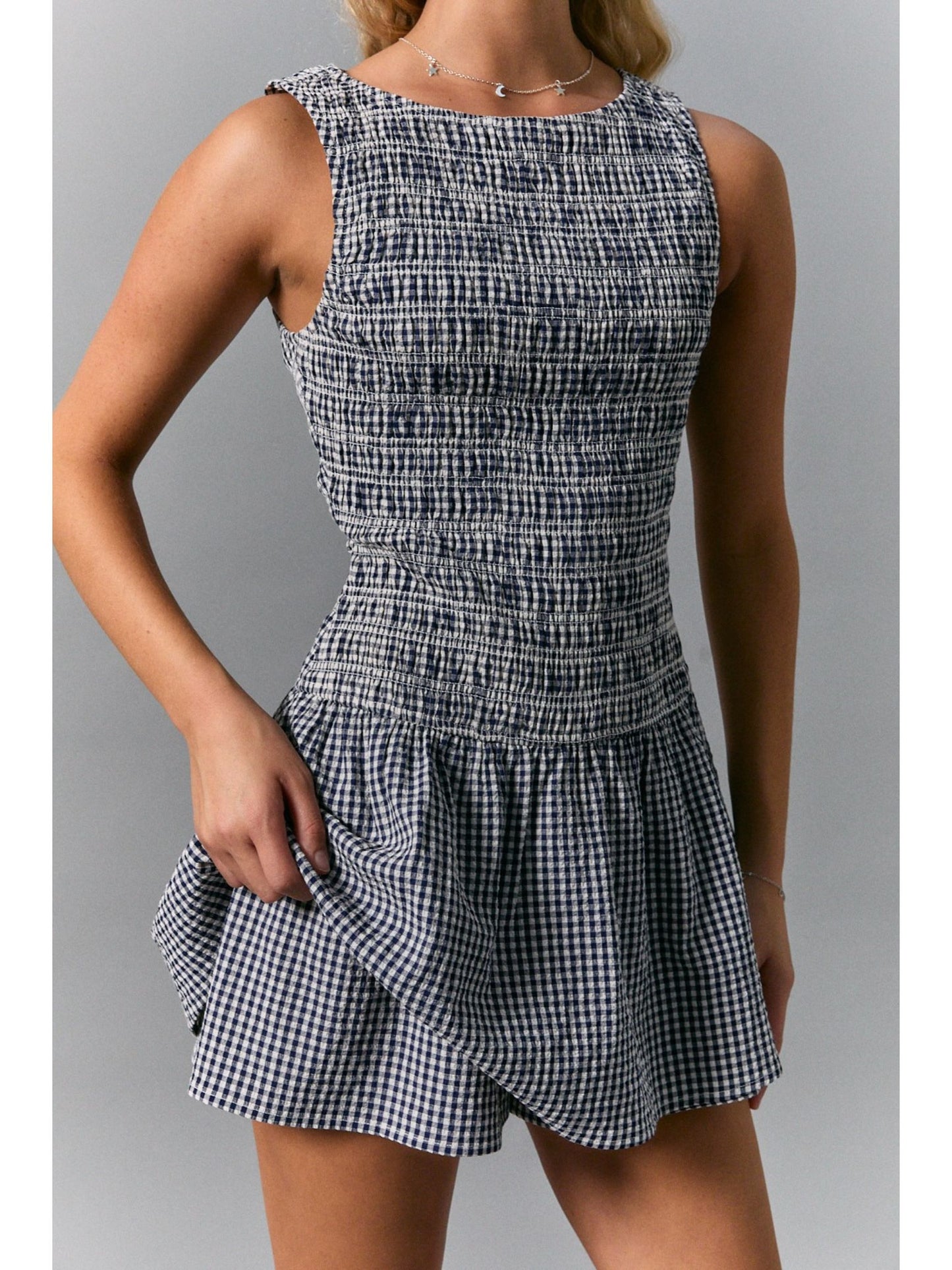 Boat Neck Gingham Romper