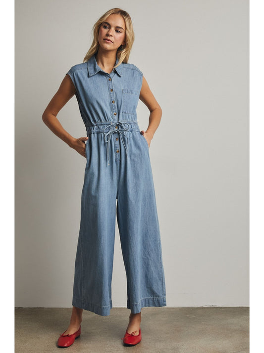 Cotton Denim Button-up Jumpsuit