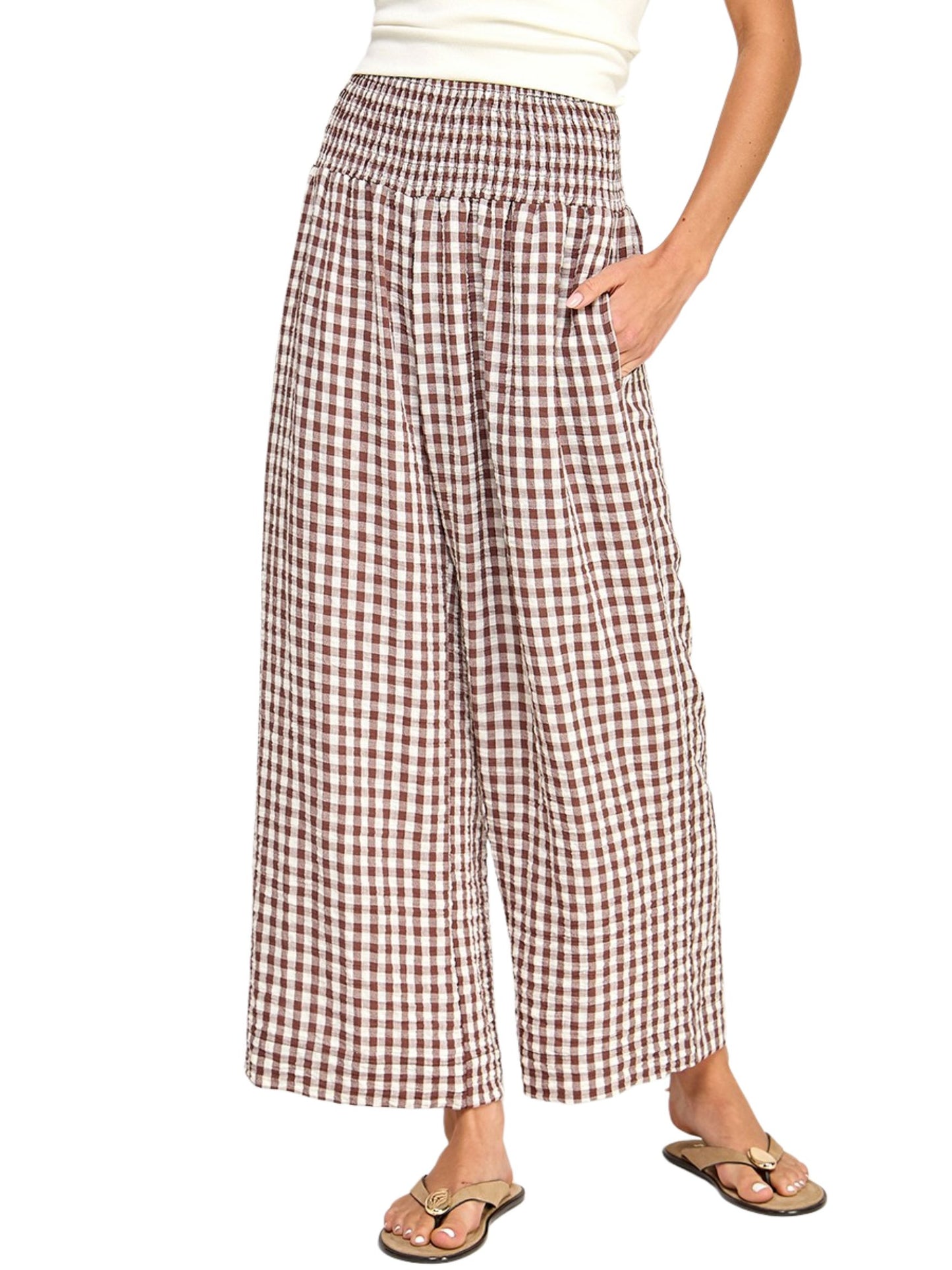 Gingham Linen Wide Leg Pants