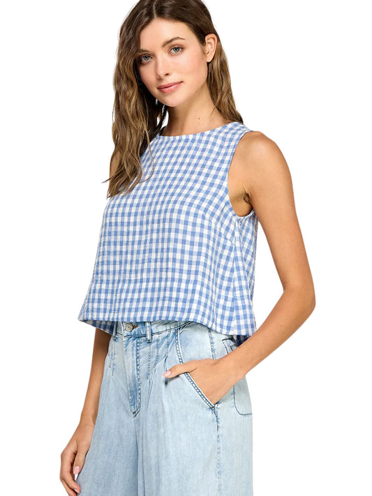 Gingham Linen Scoop Neck Tank