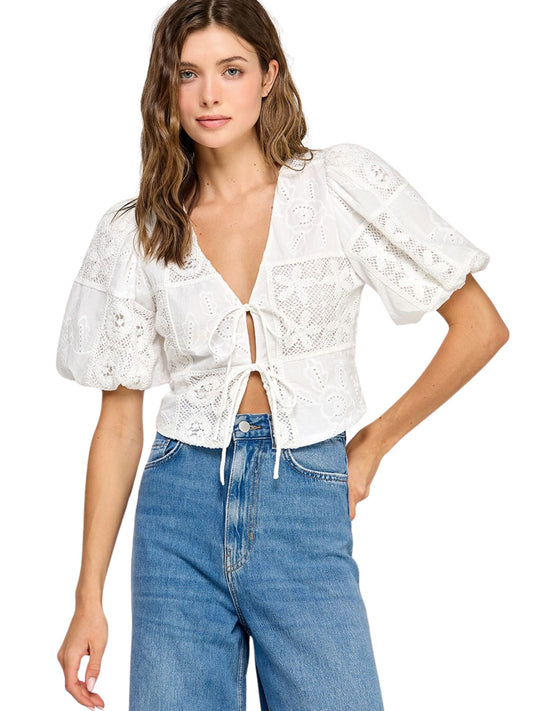 Embroidered Blouse w/ Tie Front