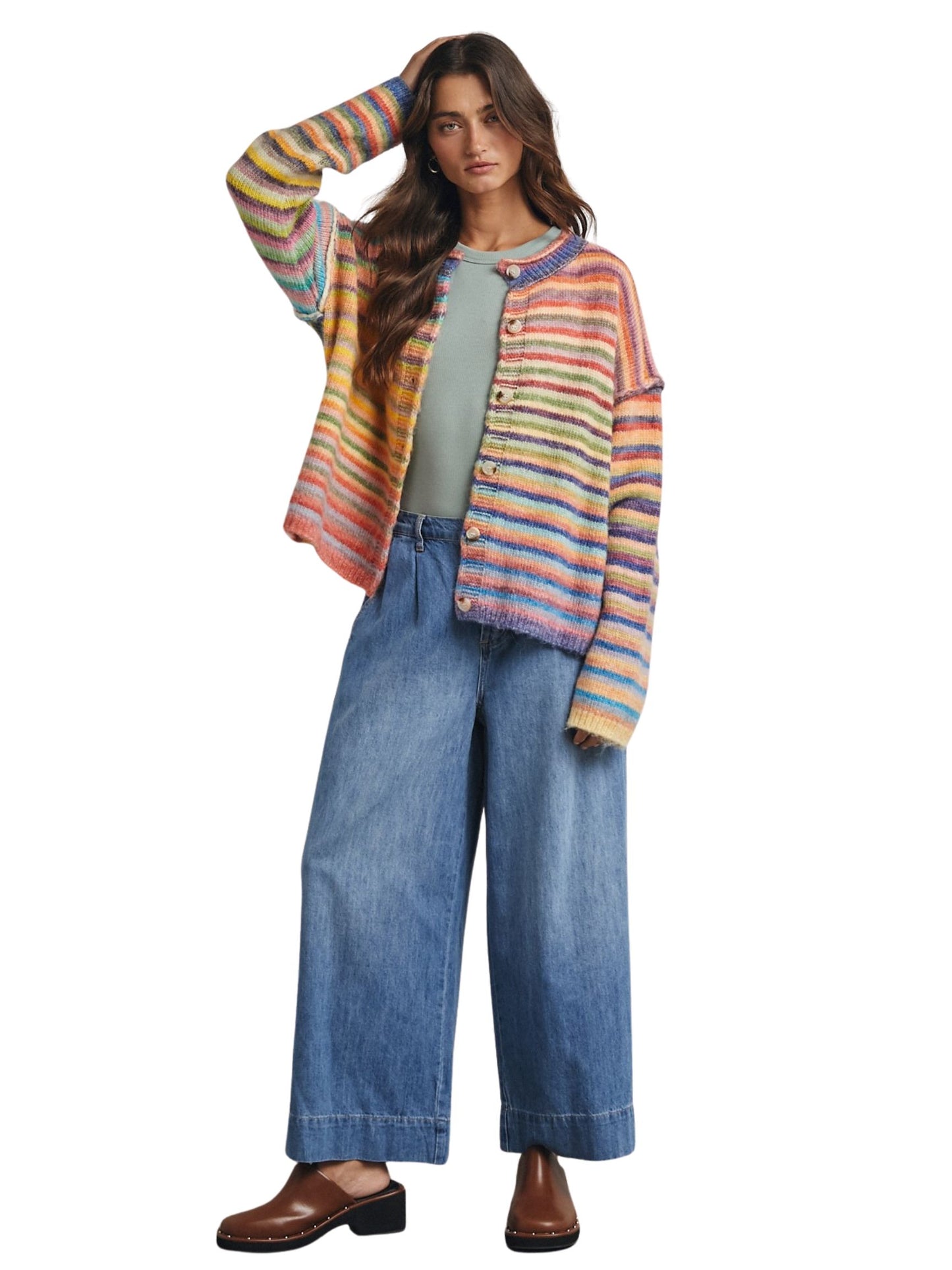 Rainbow Button-Up Knit Cardigan