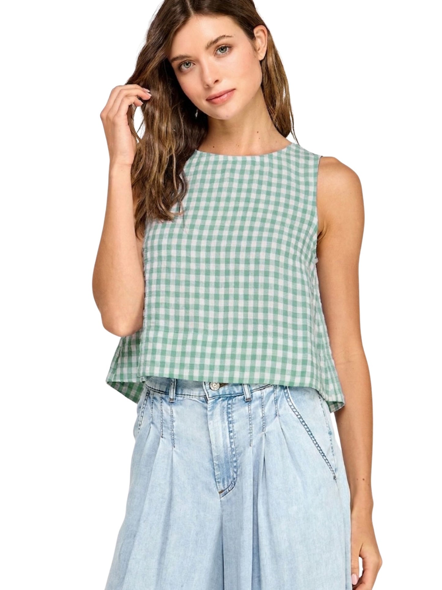 Gingham Linen Scoop Neck Tank