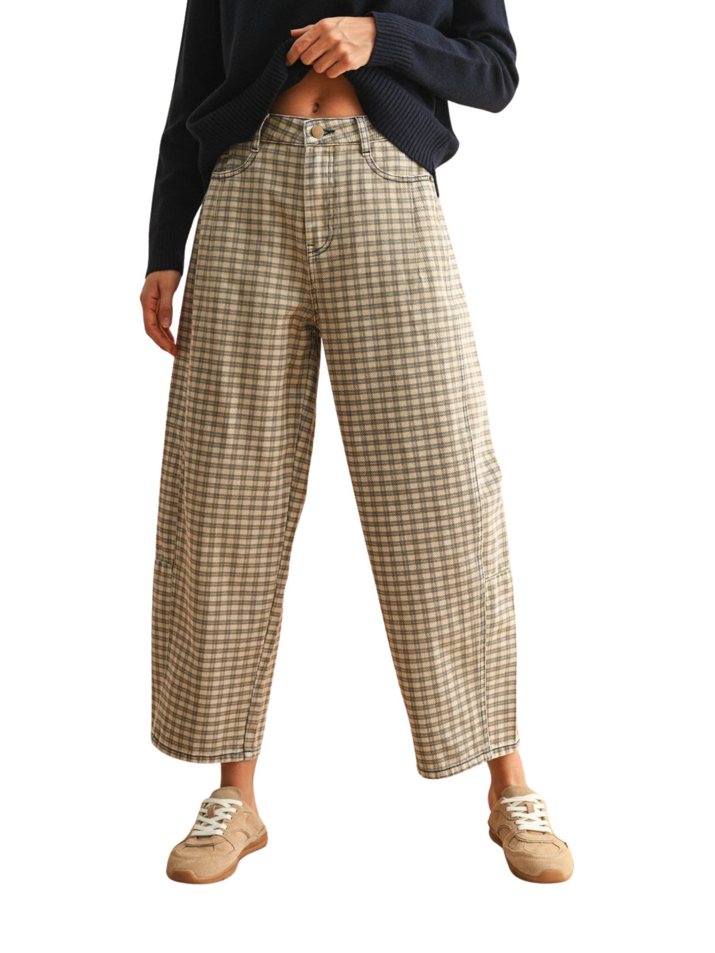 Mini Checker Pattern Barrel Pants