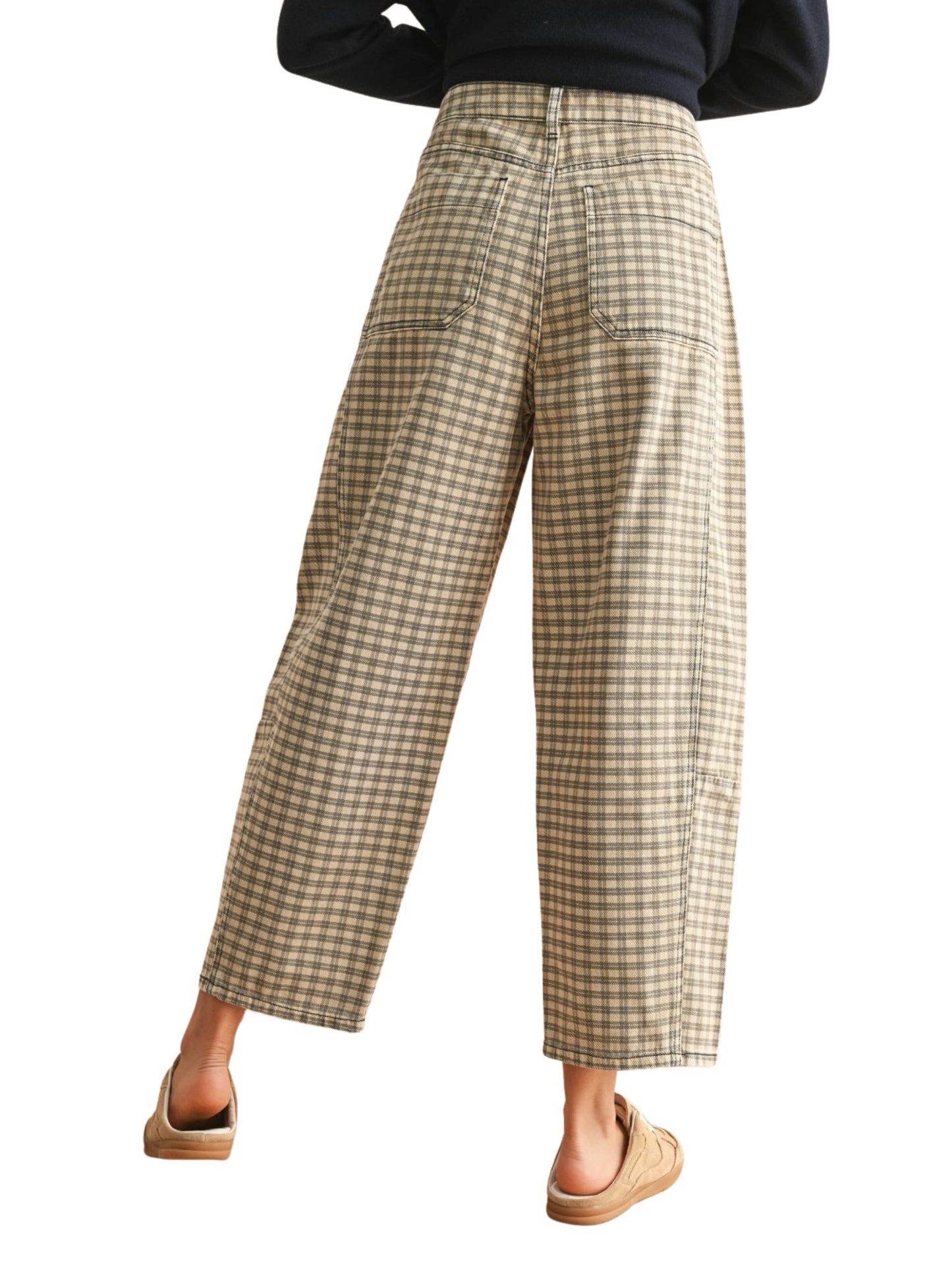 Mini Checker Pattern Barrel Pants