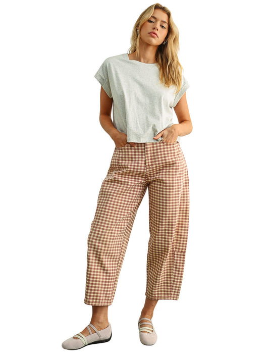 Mini Checker Pattern Barrel Pants