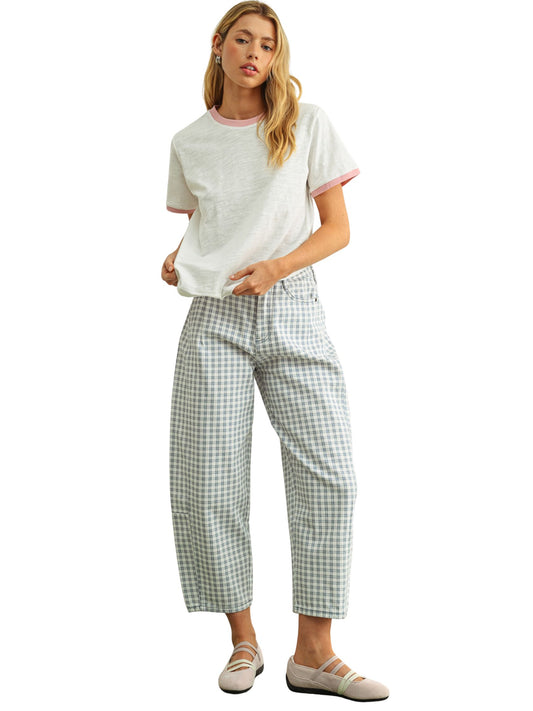 Mini Checker Pattern Barrel Pants