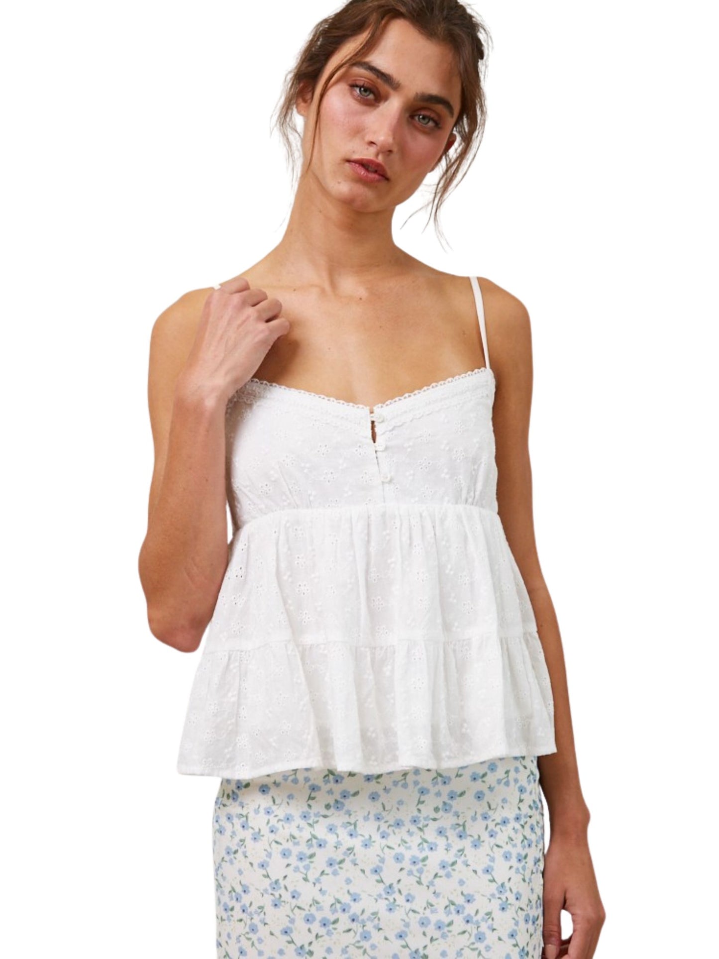 Kara Eyelet Lace Trim Cami Top