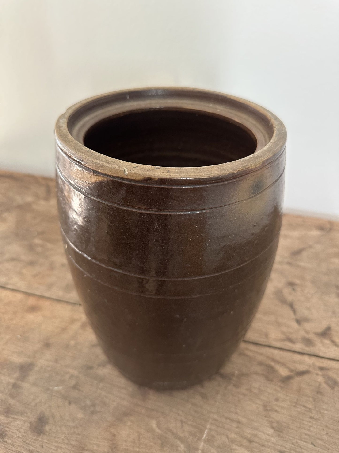 Vintage Tall Brown Crock w/ Line Detailing - Pick Up Only