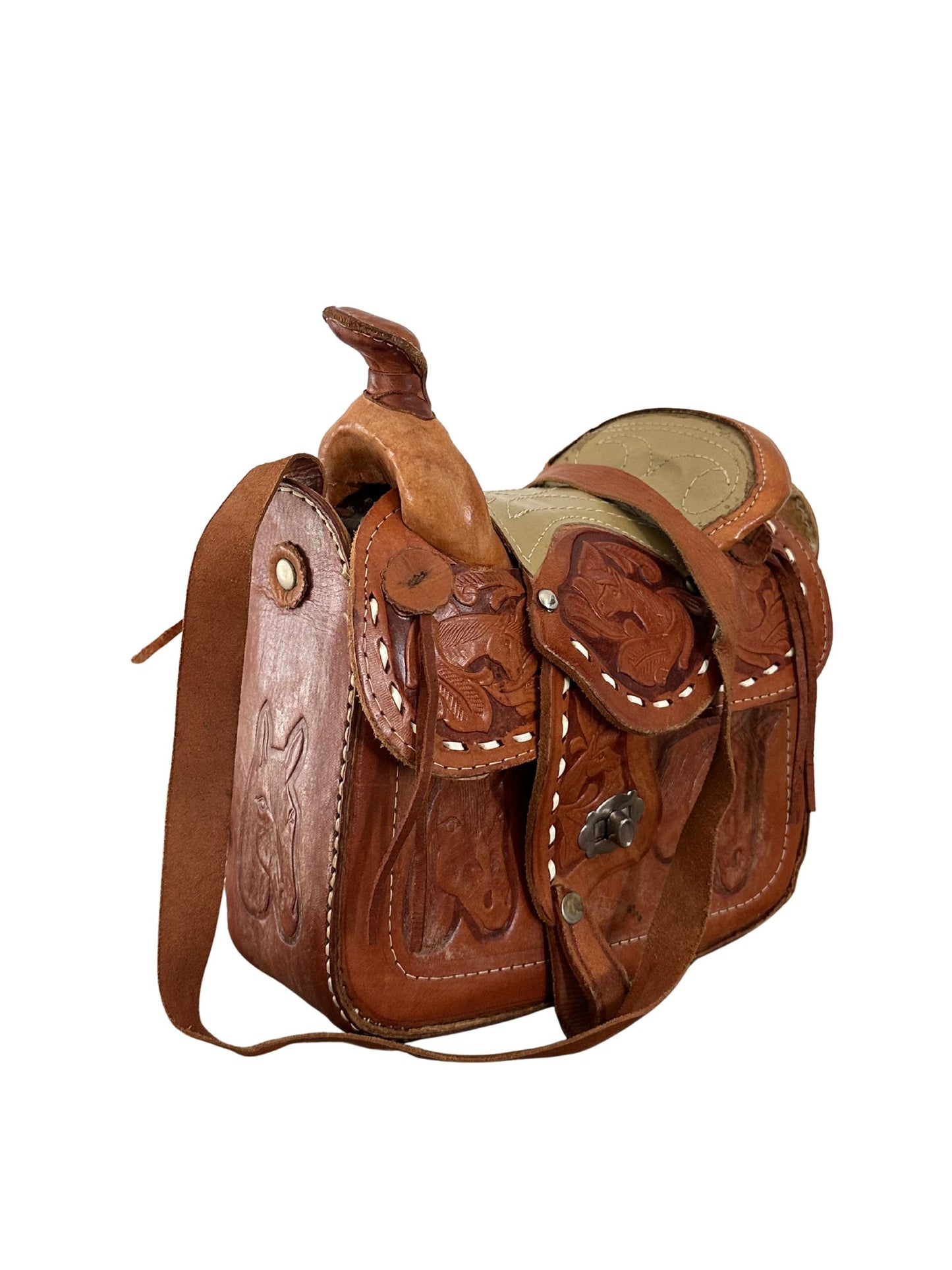 Vintage 1970s Hand-Tooled Leather Horse Saddle Purse