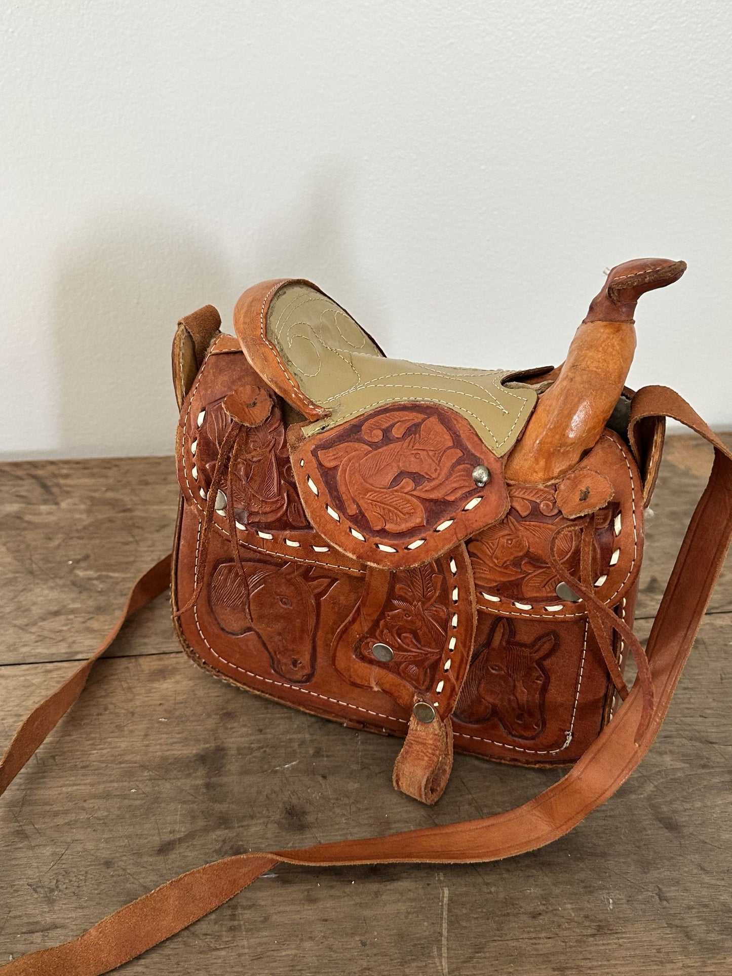 Vintage 1970s Hand-Tooled Leather Horse Saddle Purse