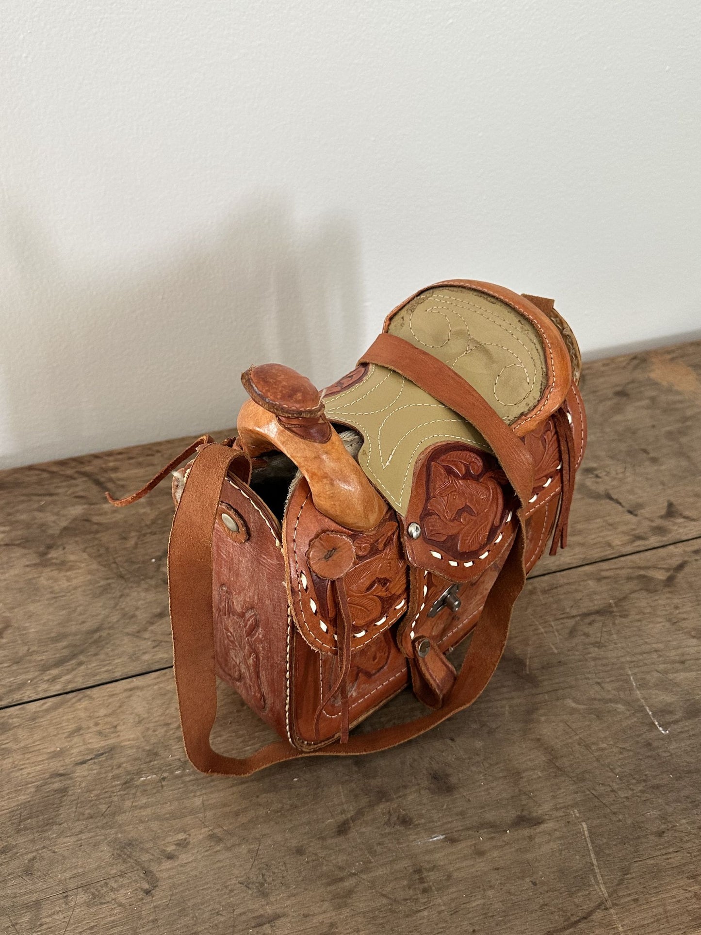 Vintage 1970s Hand-Tooled Leather Horse Saddle Purse