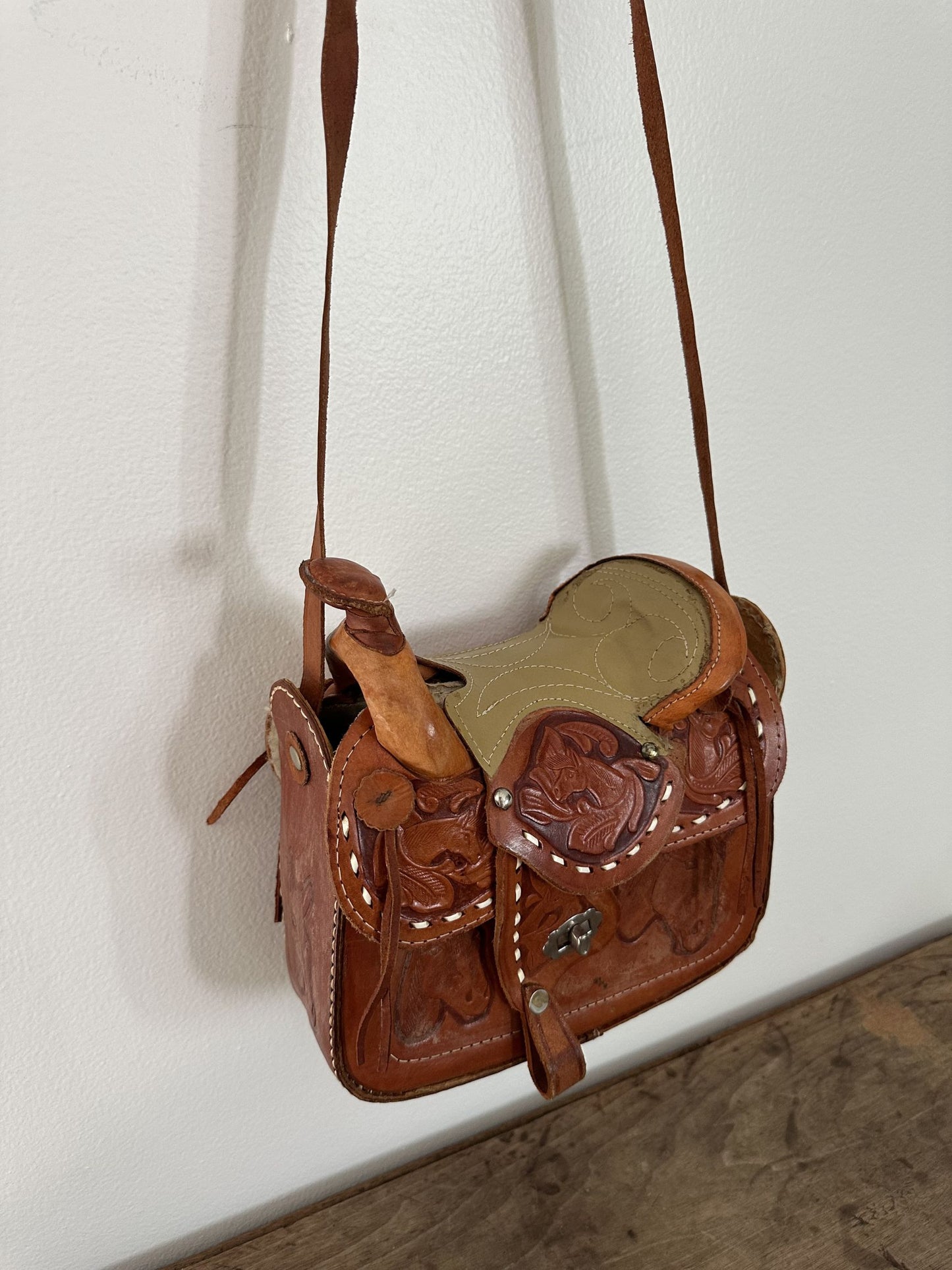 Vintage 1970s Hand-Tooled Leather Horse Saddle Purse