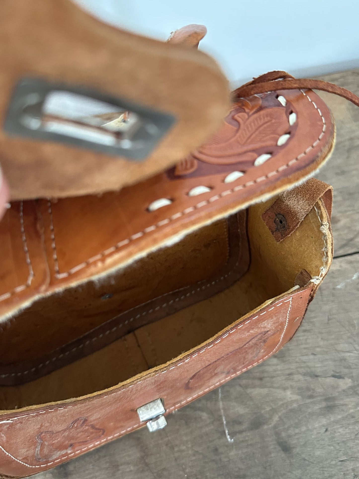 Vintage 1970s Hand-Tooled Leather Horse Saddle Purse