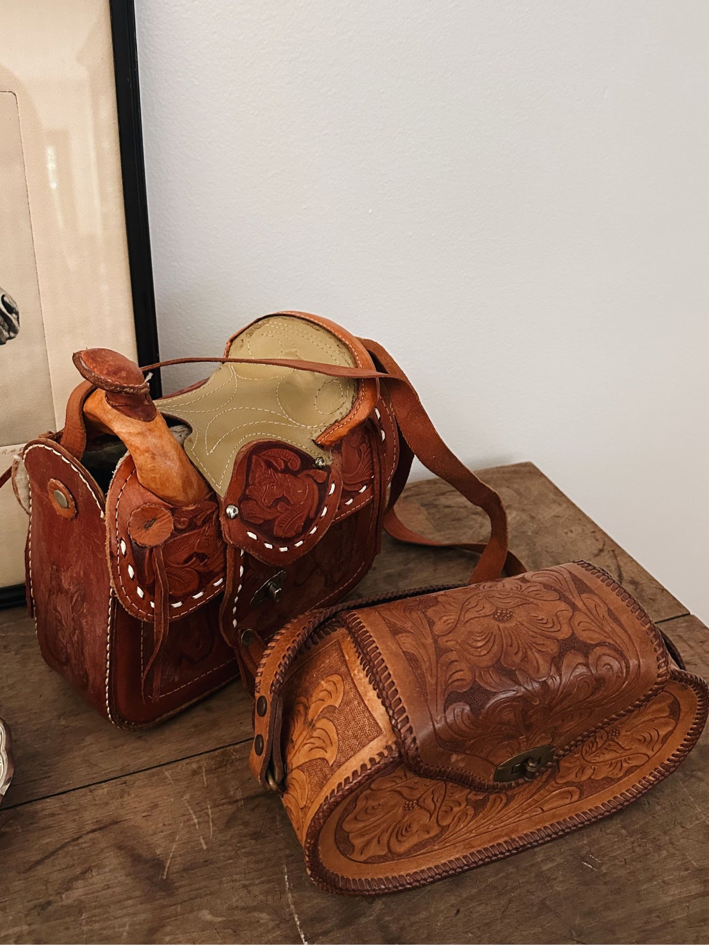 Vintage 1970s Hand-Tooled Leather Horse Saddle Purse