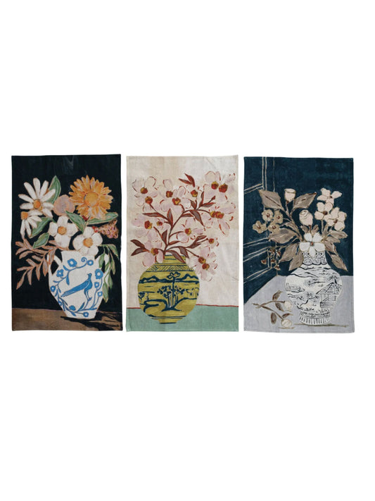 Cotton & Linen Printed Tea Towel w/ Flowers in Vase