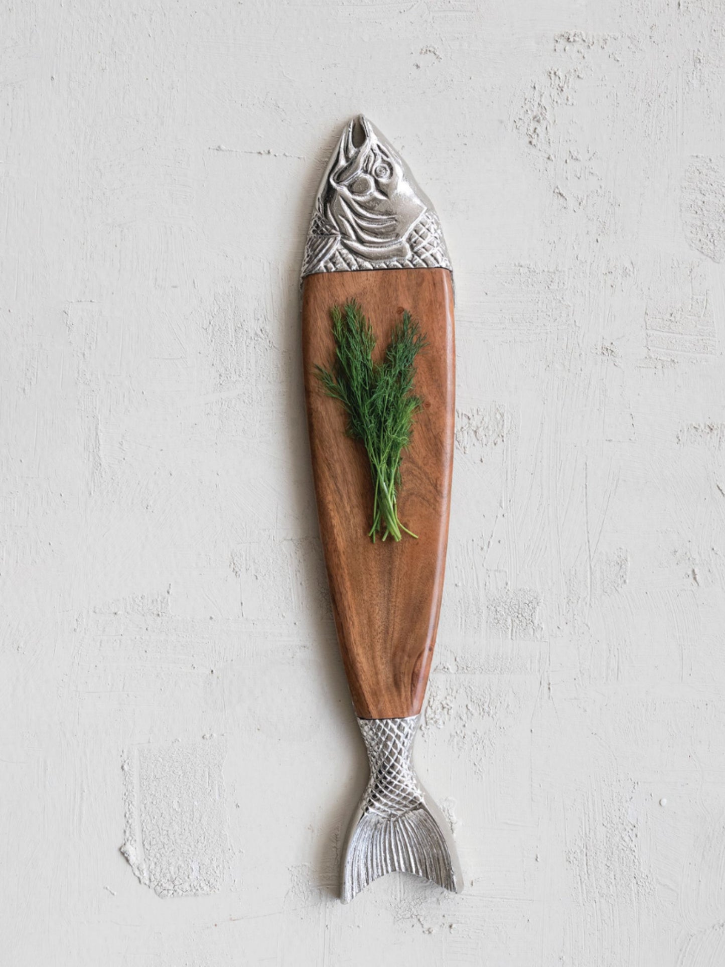 Acacia Wood & Cast Aluminum Fish Shaped Cheese/Serving Board