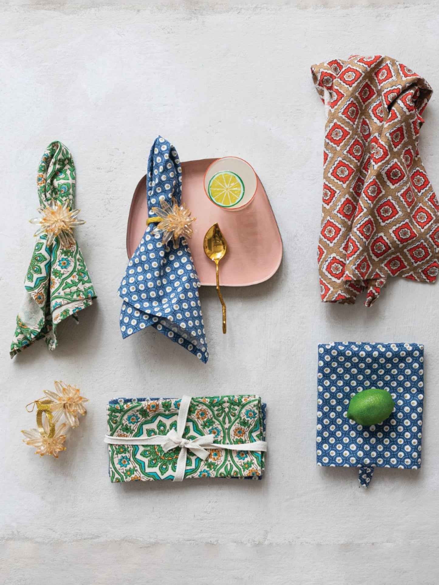 Cotton Slub Tea Towel with Block Print Pattern
