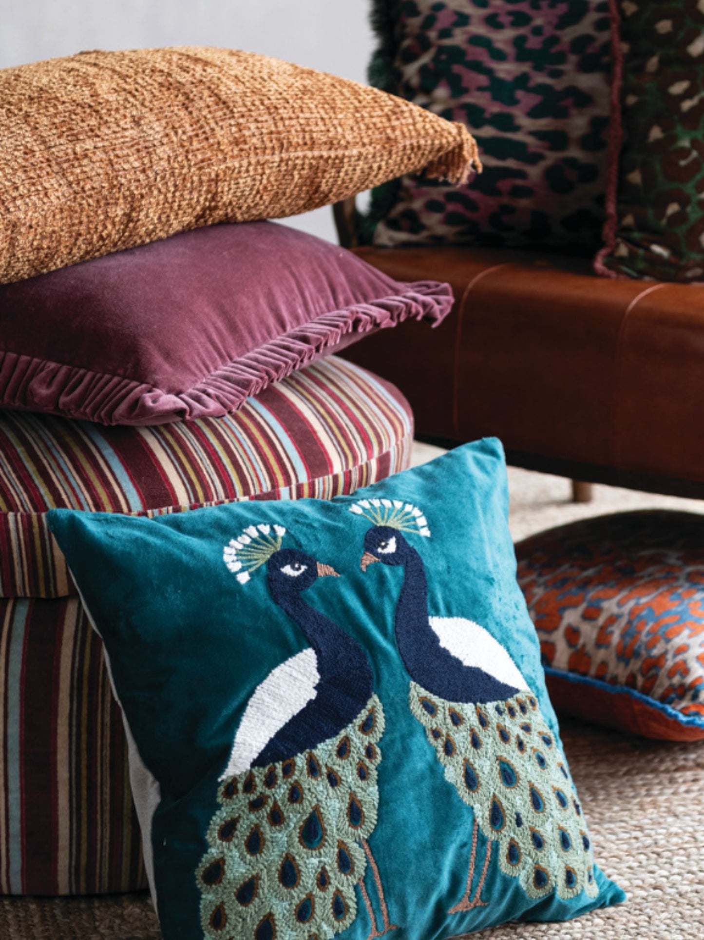 Square Cotton Velvet Pillow with Ruffle, Burgundy