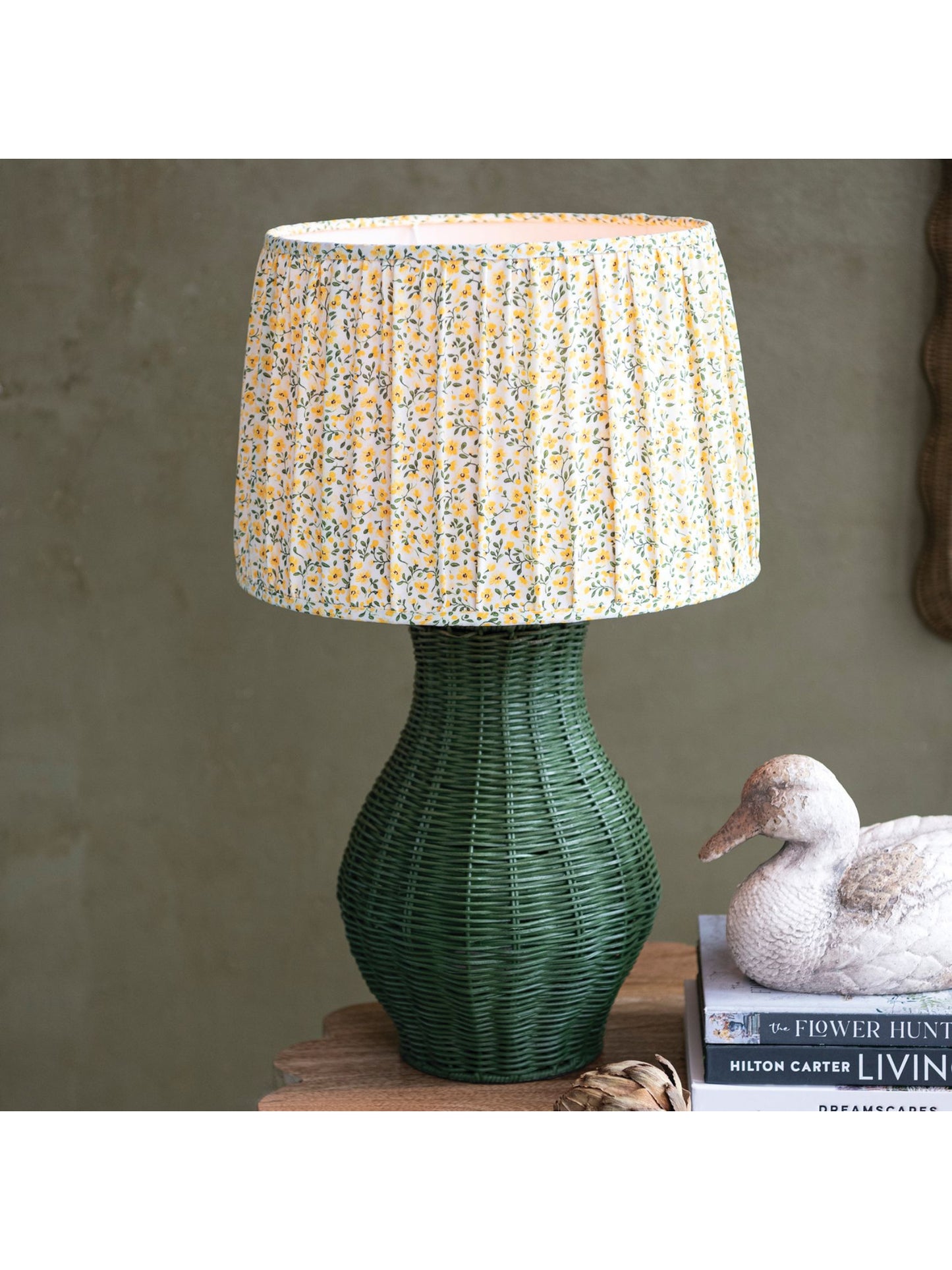 Hand-Woven Green Rattan Table Lamp w/ Linen Shade - Pick Up Only