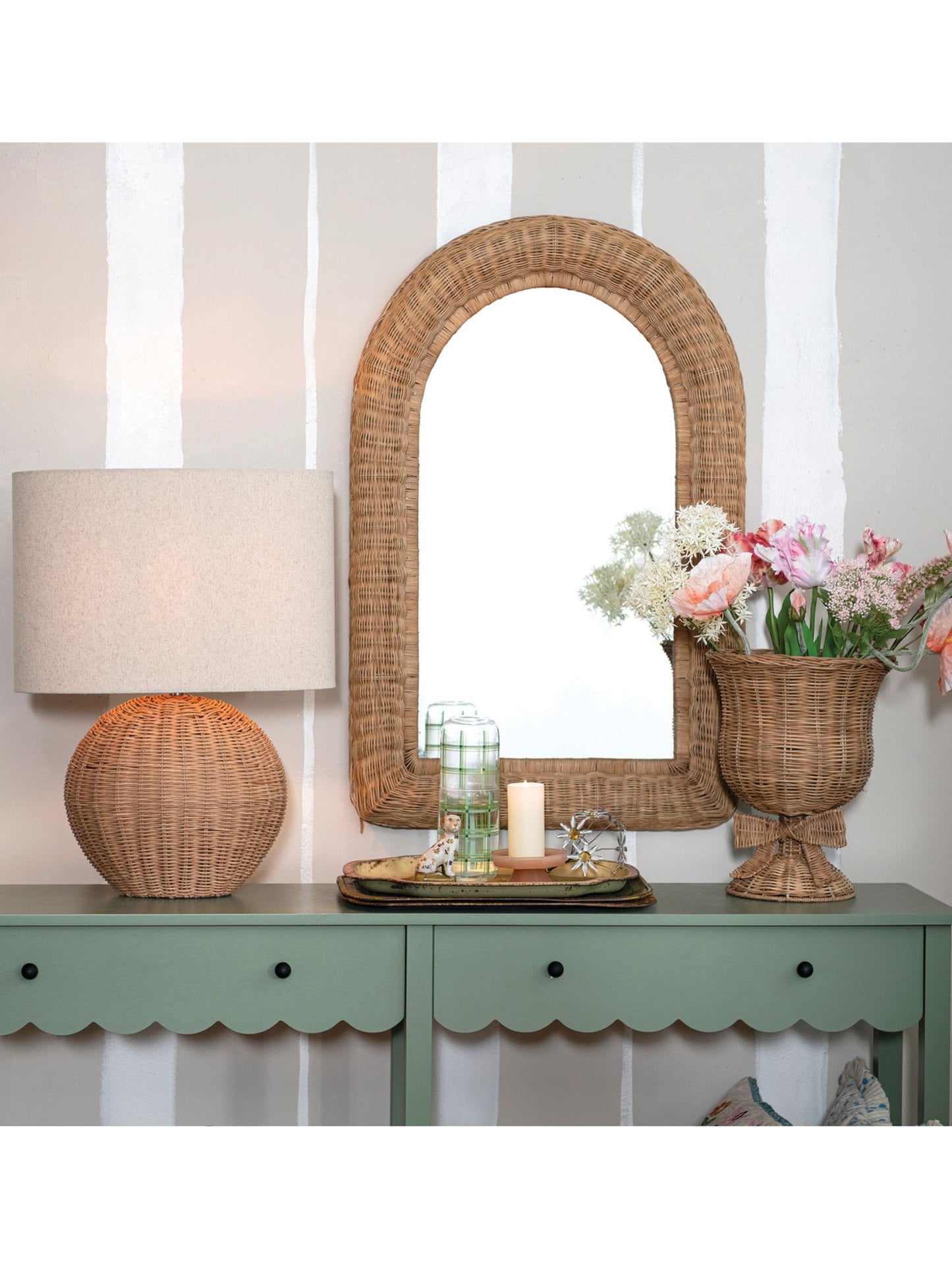 Hand-Woven Rattan Framed Arched Wall Mirror - Pick Up Only