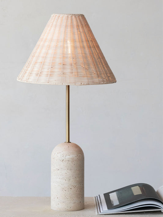 Metal & Travertine Table Lamp with Hand-Woven Shade & Inline Switch - Pick Up Only