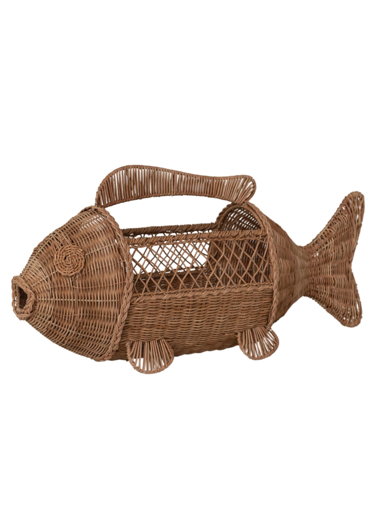 Hand-Woven Rattan & Wire Fish Shaped Container with Handle - Pick Up Only