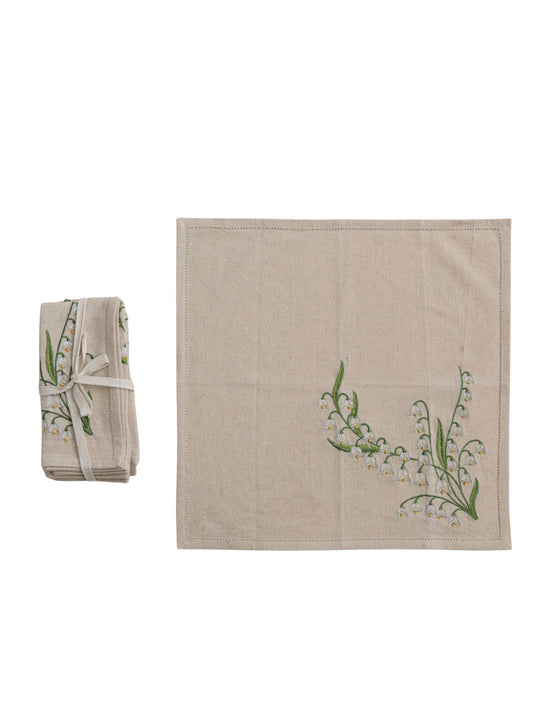 Embroidered Lily of the Valley Cotton & Linen Napkin Set