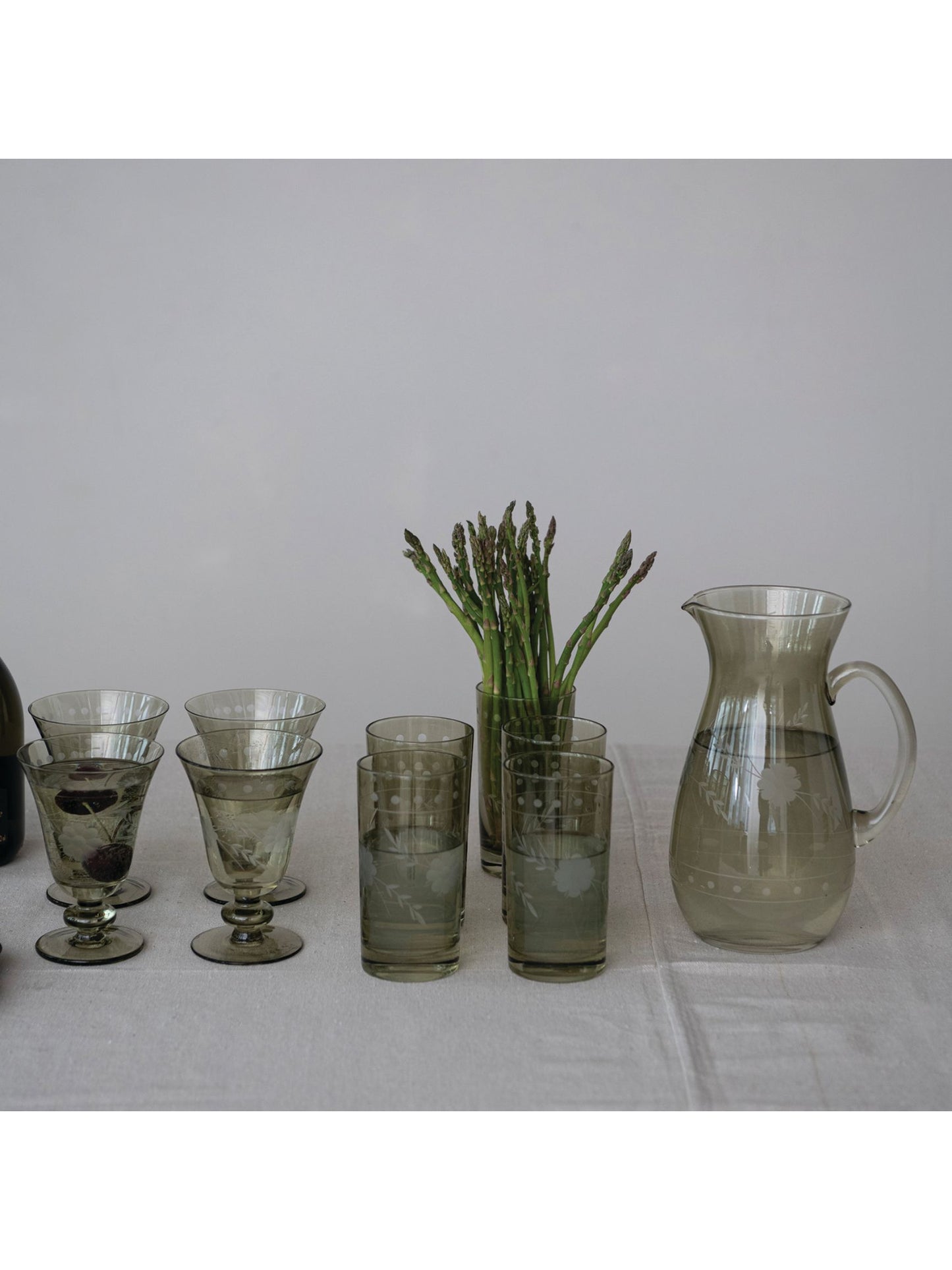 54 oz. Green Glass Pitcher w/ Etched Botanicals - Pick Up Only
