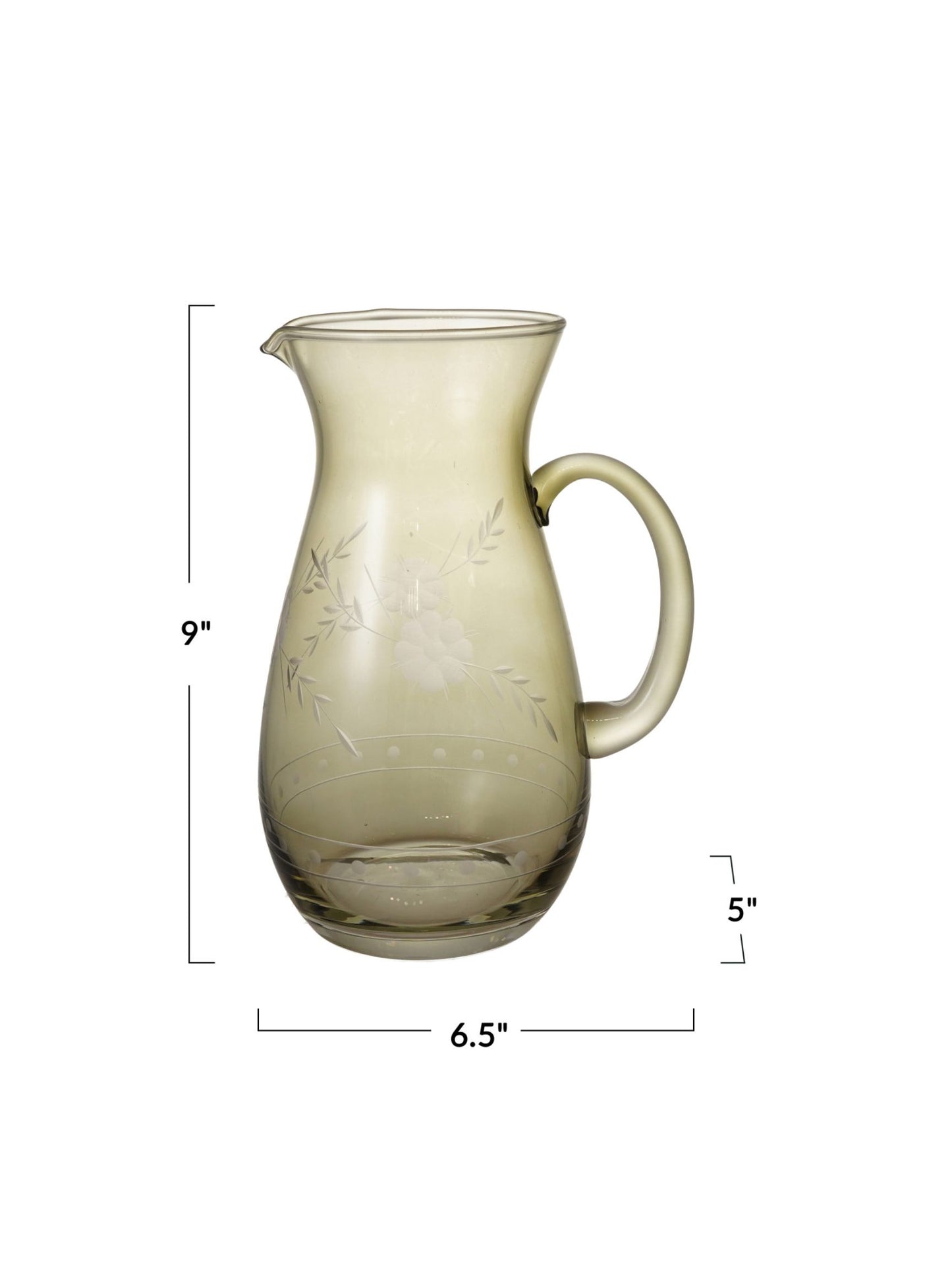 54 oz. Green Glass Pitcher w/ Etched Botanicals - Pick Up Only