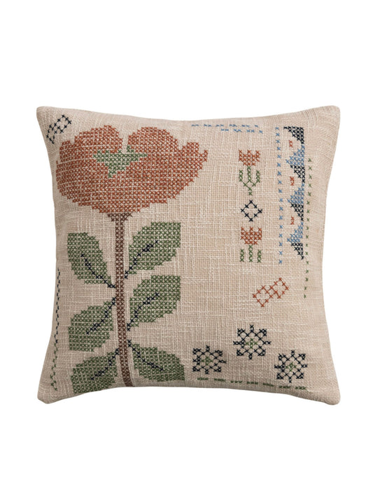 Cotton Slub Pillow with Embroidered Flowers