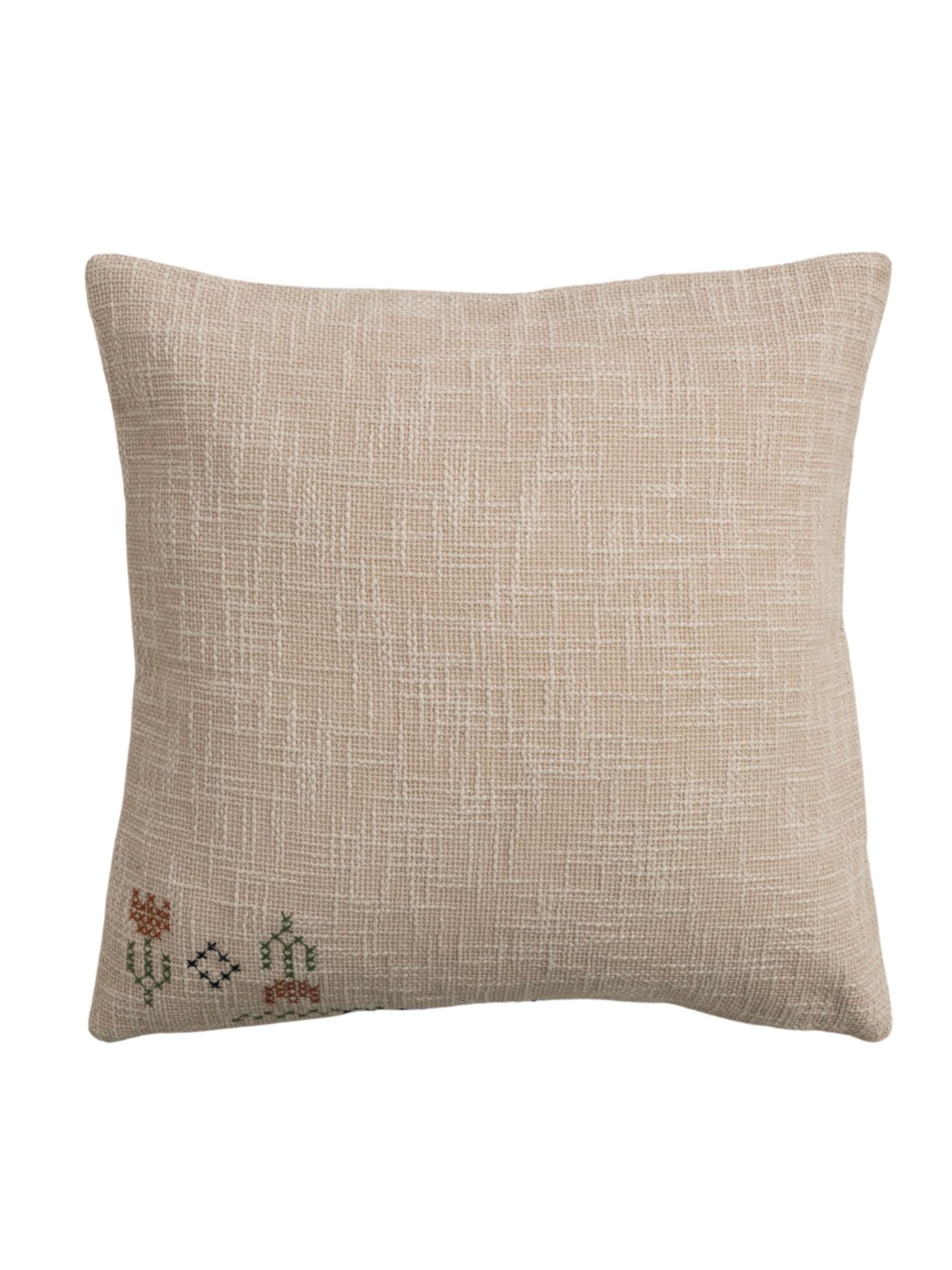 Cotton Slub Pillow with Embroidered Flowers