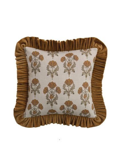 Square Cotton Slub Printed Pillow with Velvet Ruffle
