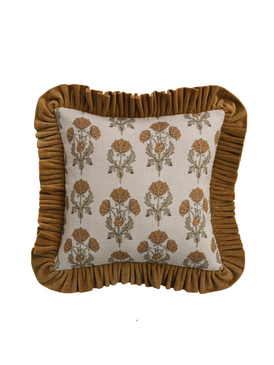 Square Cotton Slub Printed Pillow with Velvet Ruffle
