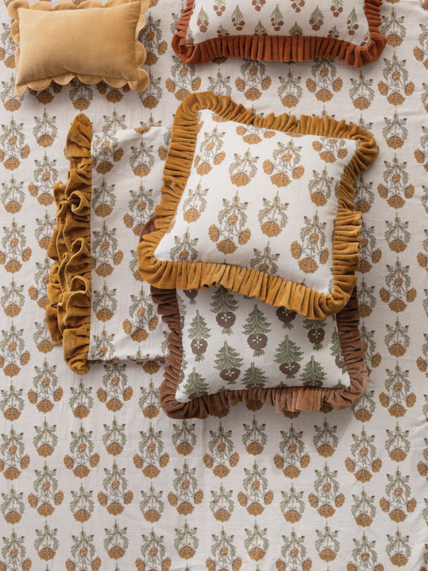 Square Cotton Slub Printed Pillow with Velvet Ruffle